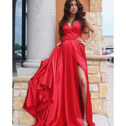 A-Line Red Long Satin Prom Dresses with Pockets Criss Cross Back Floor Length Red Side Slit Robe De Soiree Formal Party Gown