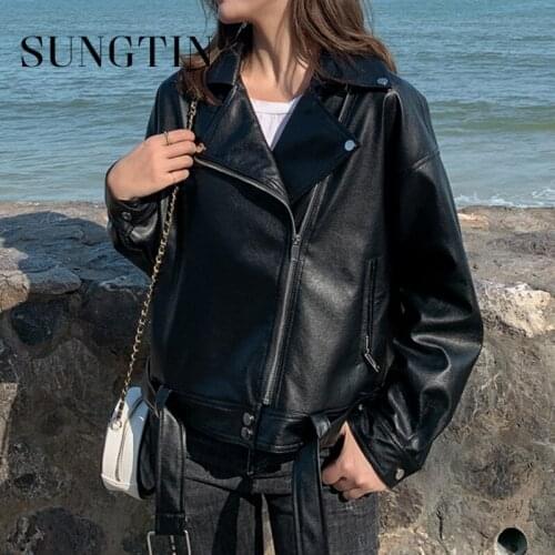 Sungtin Vintage Faux Leather Jacket Lady Belt Fashion Oversized PU Leather Punk Jackets Women High Street Outwear Spring Autumn