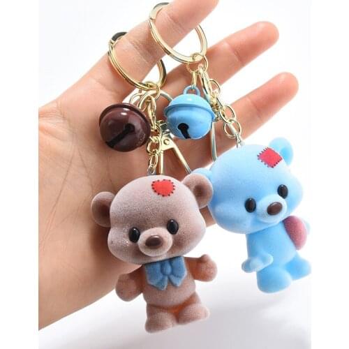Cartoon enamel bear flocking doll key chain pendant cute couple bag pendant car key ring gift