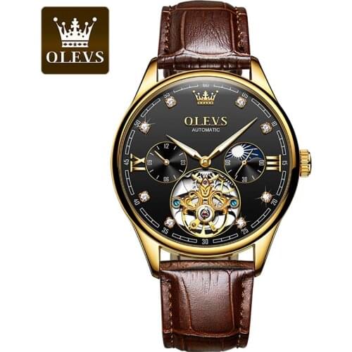 OLEVS Mens Mechanical Watches Men Leather Skeleton Automatic Wristwatch Sports Waterproof Watche Man Relogio Masculino Gift