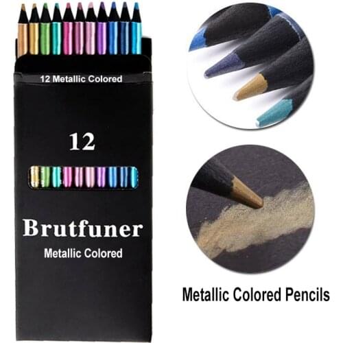 12 Metallic Colored Pencils Black Wood Set For Artist Colouring Painting Drawing Sketching School Professional Art Supplies