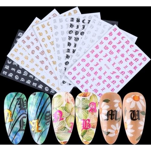 New 3D Alphabet Letters Nail Stickers Adhesive Decals Laser Silver Black English Words DIY Nail Decorations Manicure Tools Hot