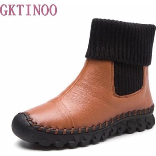 New 2020 Women Winter Ankle Boots Handmade Velvet Flat With Boots Shoe Comfortable Casual Genuine Leather Shoes Women Snow Boots