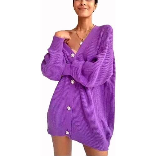 New Lantern Sleeve Cardigan V-Neck Knitted All-Match Cardigan Jacket Elegant Pure Color Oversized Sweater Fall Winter Women