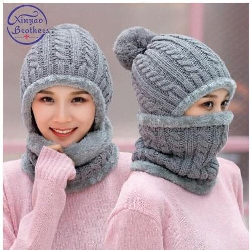 New Autumn Winter Womens Hat Caps Knitted Wool Warm Scarf Thick Windproof Balaclava Multi Functional Hat Scarf Set For Women