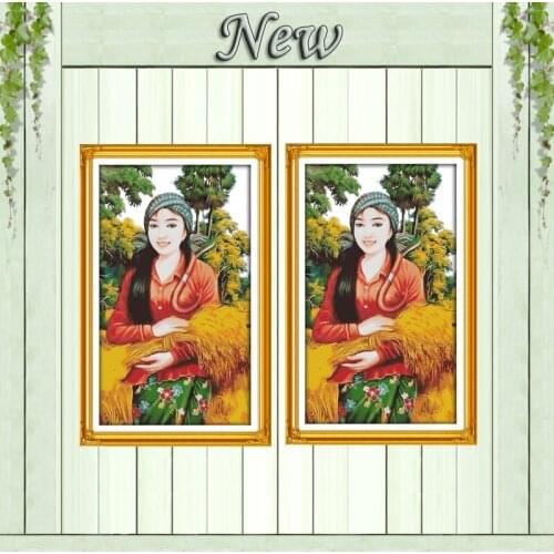 Harvest season scenery girl painting counted printed on canvas DMC 11CT 14CT chinese Cross Stitch kits embroidery needlework Set