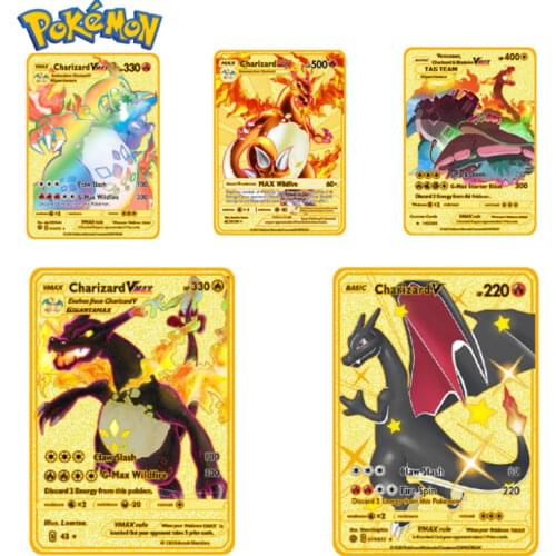 Pokemon Flash Gold Cards Metal Charizard Trainer VMAX V Metal Rare Card Eevee Mewtwo Pikachu Game Battle Collection Trading Card