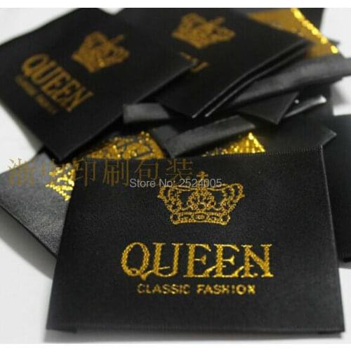 Custom garment black satin woven labels with golden fonts/trademark/clothing embroidered tags/printed labels/brand Free Shipping