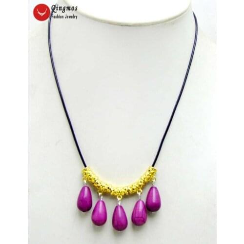 Qingmos Turquoises Pendant Necklace for Women with 10*16mm Purple Drop Turquoises 5 Pieces Chokers Necklace 18-20" Leather -6097