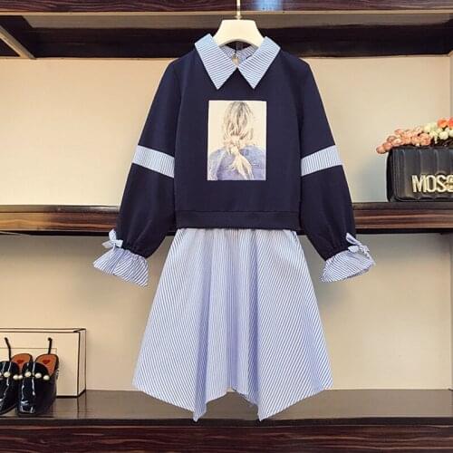 Plus size women casual striped dress spring fashion personality printed patchwork high waist irregular long sleeve shirt dress