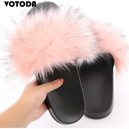 Hot Women Faux Raccoon Fur Fluffy Slippers Furry Fox Hair Sandals Woman Flat Non Slip Plush Slides Casual Beach Outside Shoes
