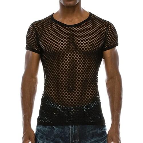Fishnet Mesh T Shirt Mens See-through 2021 Fashion Sexy Short Sleeve Nightclub Wear T-shirt Men Party Perform Streetwear Tops