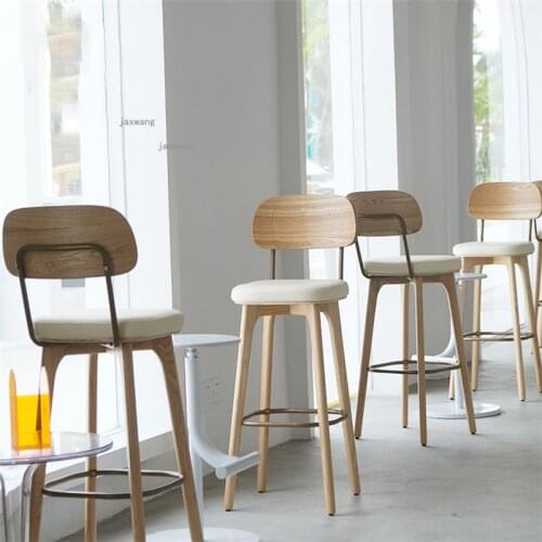 Nordic Solid Wood Living Room Bar Stool Restaurant Kitchen Backrest Bar Chairs Simple Cafe Dessert Shop High-foot Table Chair