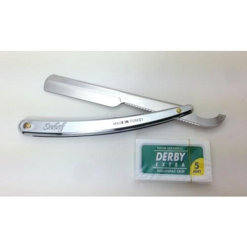 AWESOME Chrome plated straight razor + 5 gift derby double edge blades-light FREE SHİPPİNG