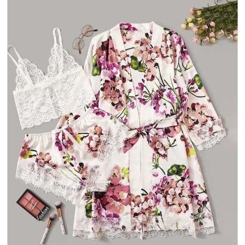 Women Silk Pajamas Sleepwear Sexy Satin Lingerie V-neck Lace Flower Shorts Set Women Underwear Sleepwear Underwear Nightwear