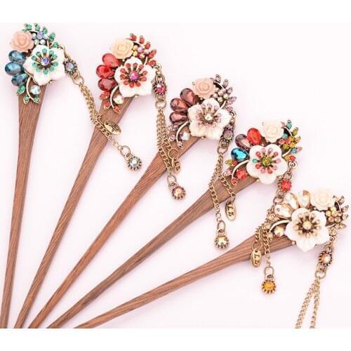 Vintage Wooden Hairpin Classic Chinese Traditional Retro Hair Stick Fashion Women Elegant Hair Pin Rhinestone Accessories Tiara