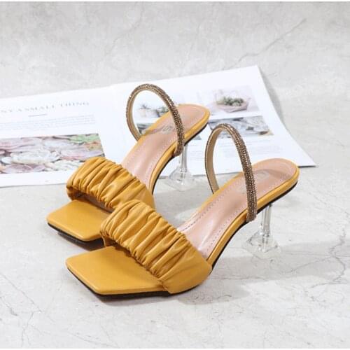 Shoes Woman With Summer Heels Clear Crystal Cup Square Toe High Heel Rhinestone Sexy Mule Pumps Fashion High Quality Sandals 41