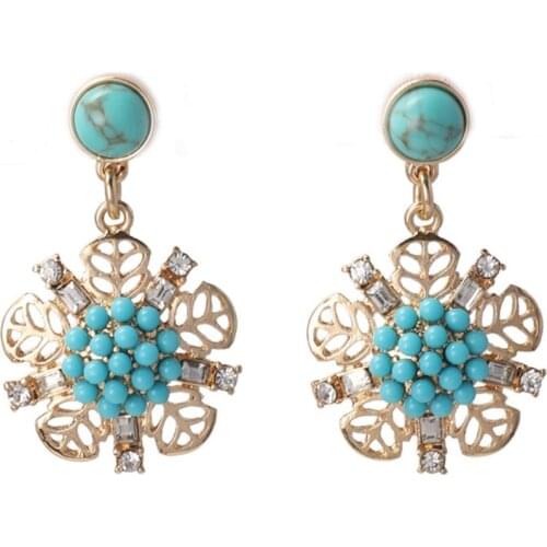 Light Yellow Gold Color Leaf Flower Imitation Pearl Stud Earrings for Women Green Turquoises Stone Jewelry