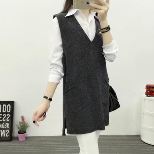 Women 2021 Sweater Vest Spring Autumn Korean Womens V-neck Knit Long A-shaped Pocket Vest Pullover Sleeveless Waistcoat Y674