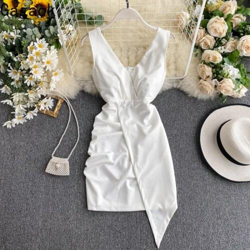 Gagaok 2020 Sexy & Club Women Dress Spring Autumn New Solid V-Neck Straight Slim Bodycon Wild Mini Female Fashion Dresses