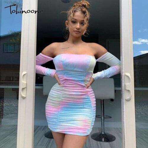 Tobinoone tie-dye bodycon dress women long sleeve pleated sexy party club dress female 2020 off shoulder vintage mini dress