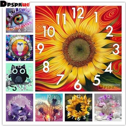With Clock Full Drill Diamond Painting Cross Stitch Flower eyes Animal Mosaic 5D Diy Square Round Cute Animal 3d Embroidery Gift