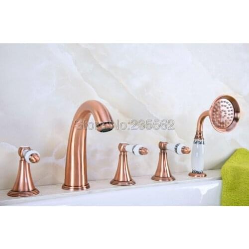 Antique Red Copper Roman Bathtub Mixer Faucet Set w/ Handheld Shower 5 Holes Tap Deck Mounted lna207