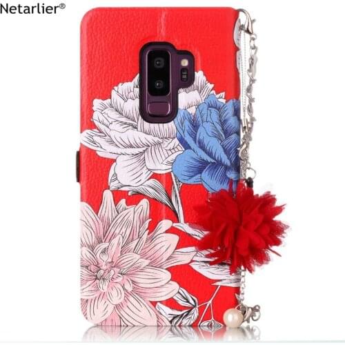 Netarlier Wallet Case For Samsung Galasy S9 Plus Flowers Kickstand With Card Pocket Chain Leather Wallet Phone Back Case Cover