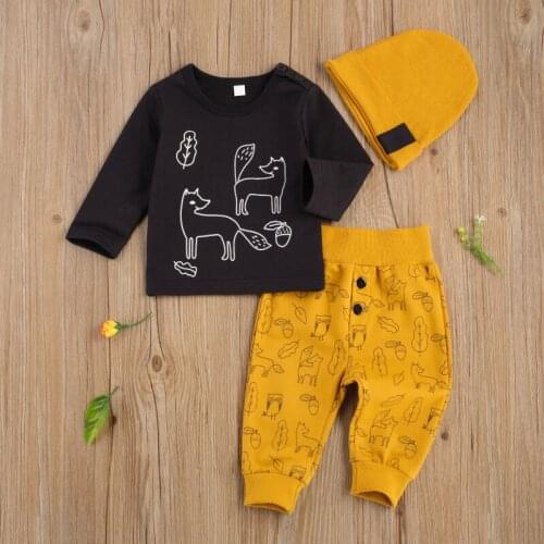 Children Long Sleeves Trouser Suit, Toddler Babies Fox Printed Clothes Set, Round Collar Outfits with Hat Spring Autumn