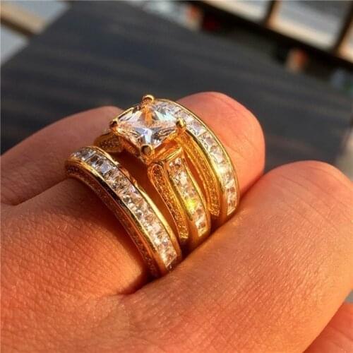 FDLK Brand Jewelry Gold Color 20CT Precious Princess-cut CZ Stone Cocktail Wedding Band Rings Set For Women 3-in-1