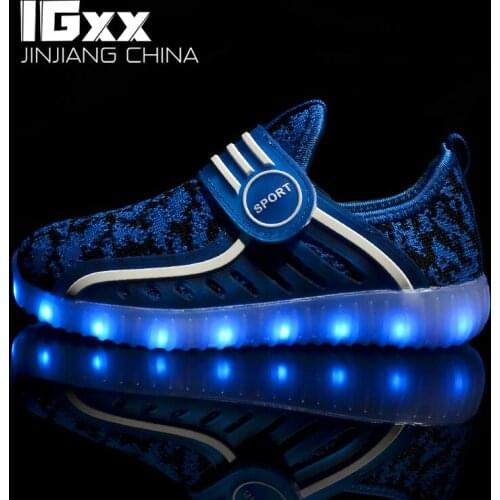 IGxx LED Light Up Shoes For Kids HooK&Loop Best Gift USB Charging Glowing Shoes LED Child Luminous Knit Sport LED Sneakers Boys