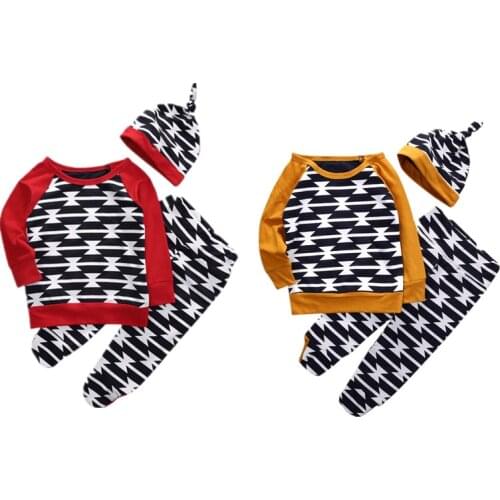 Newborn Kid Baby Boy Girl Clothes Set Patchwork Top+Geometric Pants+Hat Bebe Children Clothing Set
