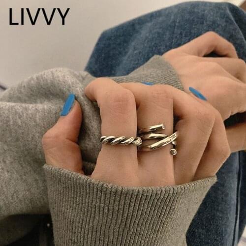 LIVVY Silver Color Korean Twist Multi-layer Line Cross Opening Ring Female Fashion Simple Creative Handmade Jewelry Accessories