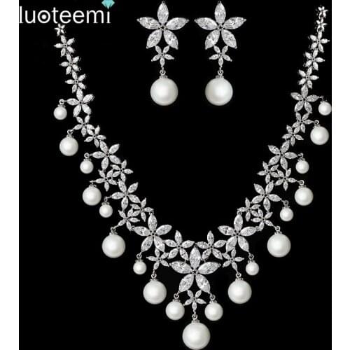 LUOTEEMI Sparkling Imitation Pearl Pendants Jewelry Earrings Necklace Sets Clear White Gold-Color For Women Dinner Wedding Party