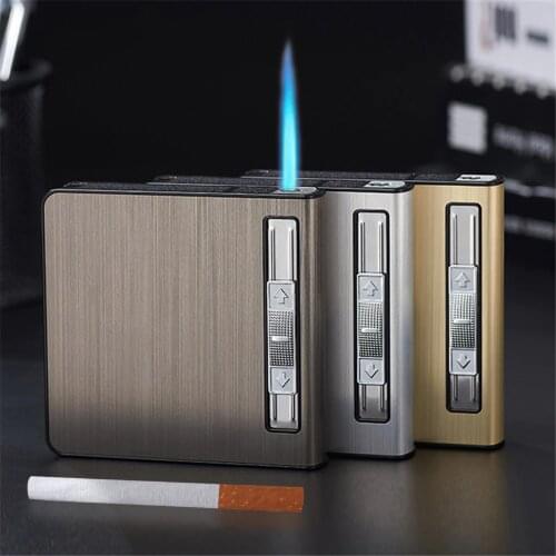 Metal Cigarette Case With Gas Lighter Hold 20 Cigarettes Automatic Pop Up Anti Pressure Cigarette Case Tobacco Holder Mens Gift