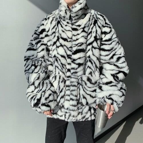 Male Korean Fashion Overcoat Men Streetwear Zebra Pattern Fur Coat 2021 Japanese Mens Harajuku Warm Winter Jackets Coat
