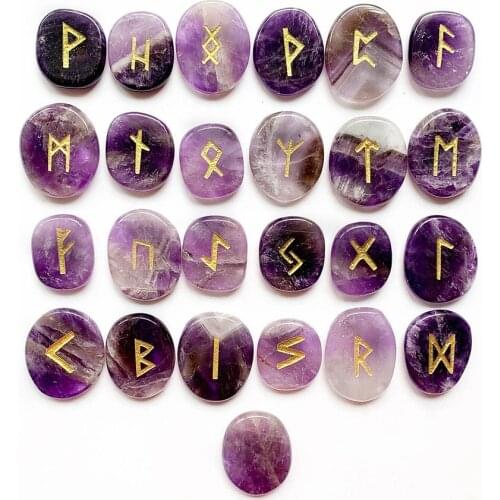 25pcs Natural Amethyst Rune Stones Set Engraved Lettering Wiccan Pagan Amulets Nordic Rune & Free Bag Wholesale