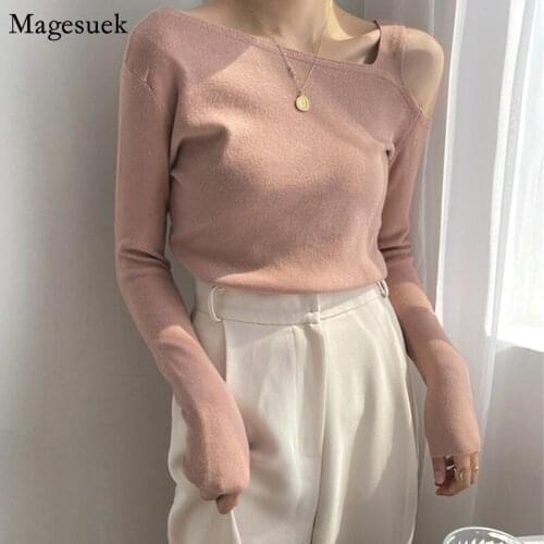 Autumn Fashion Long Sleeve Knit Sweater Women Irregular Off Shoulder Sexy Woman Sweaters Solid Casual Women Sweater Jumper 11321