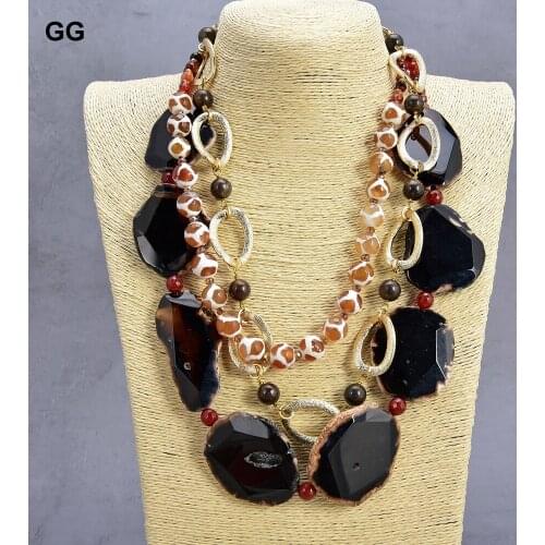 JK 3 Strands Agate Round Bronzite Crystal Slice Necklace For Women