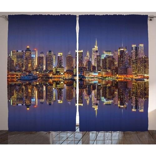 Landscape Curtains Cityscape Scenery of New York City at Midnight USA Ocean Reflection Coast Living Room Bedroom Window Drapes