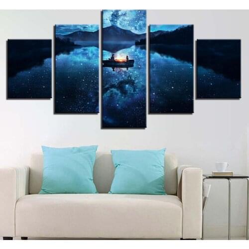 5 Pieces Starry Sky Boat In The Lake Canvas Poster Home Decor Framework HD Prints Painting Landscape Home Living Room Decor
