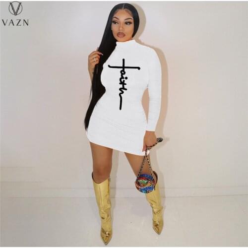VAZN 2021 Autumn Simple Overalls Sexy Sweet Turtleneck Full Sleeve High Waist Mini Dress Young Vestidos For Female