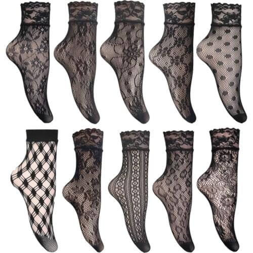 RMSWEETYIL Lace Fishnet Sheer Socks Women Nylon Sexy Black Mesh Transparent Net Thin Breathable Ladies Casual Dress Ankle Sock