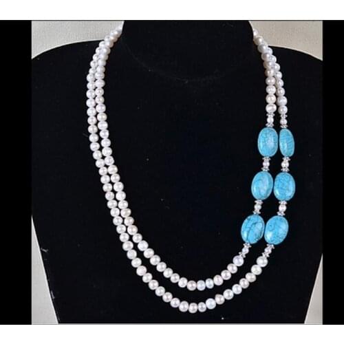 Wedding Woman Jewelry 2 Rows Real Natural White Pearl Light Blue Stone Mixed Choker Necklace Shining Rhinestone Handmade