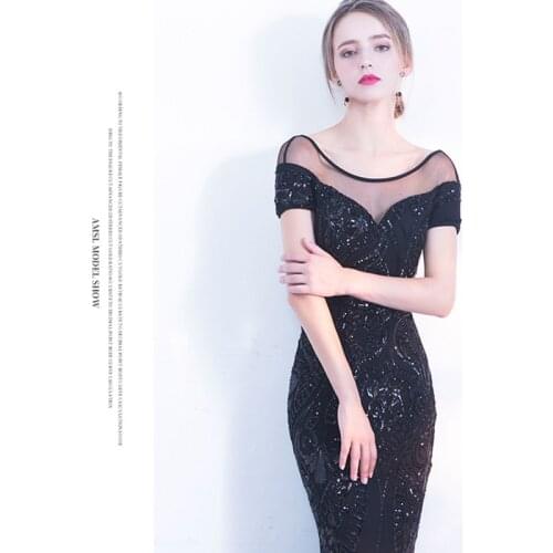 2019 New long Sequins Evening Party Dress Round Neck Appliques Deep V Backless Mermaid Gowns Short sleeve Sexy Formal Dress