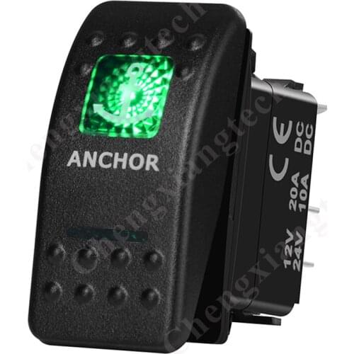 Anchor 5 Pin On Off Green Led Backlit Printed Rocker Switch for Car Boat Truck 12v 24v SPST Waterproof