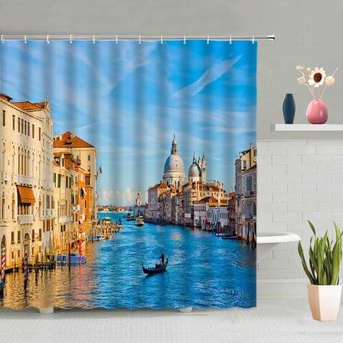 Water City Architecture Shower Curtain River Boat Travel Photography Natural Landscape Bathroom Curtains Hanging With Hooks Set