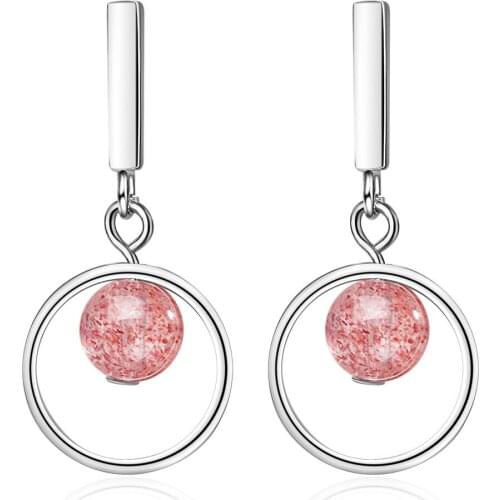 Pink Strawberry Crystal Round Tassel 925 Sterling Silver Earring For Women Fashion Silver Jewerly Aretes De Mujer