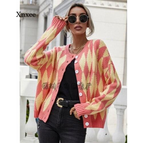 Y2K Plaid Knitted Cardigan Vintage Women Winter Oversized Soft Sweater Female High Fashion Outerwear 2021 Retro Elegant Clothing