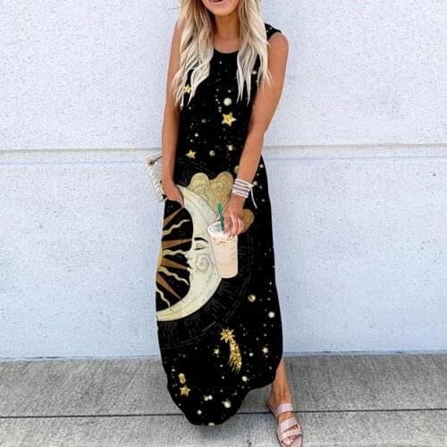WomenS Maxi Dress Elegent Dress Summer 2021 Moon And Stars Print Sleeveless Pocket Casual Printing Beach Long Loose Dress